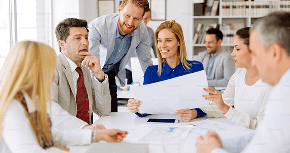 Professional team meeting in modern office environment